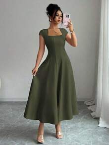 Vestido Midi Verde Oliva para Mujer , Cuello Cuadrado, Cintura Ajustada, Corte en A, Manga Corta, para Verano, Fiesta de Té, Trabajo, Playa, Vacaciones, Festival de Música, Cerveza - Albaricoque 2 - Ver 9