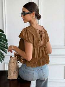 Blusa de mujer con cuello en V, manga corta y espalda con lazo, de encaje y parches, 100% algodón, estilo romántico francés, con diseño de espalda descubierta y mangas abullonadas, versátil para uso diario/casual, verano para mujeres, Día de San Valentín, Carnaval, vacaciones, blusa casual, top Y2K, blusa de encaje, blusa bohemia, top de encaje - Rosa vieja - Ver 3