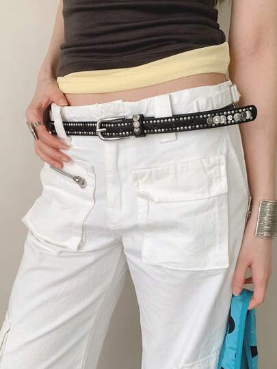 1 Stück Damen Schwarzer PU Leder Vintage Punk Stil Nieten Skinny Taillengürtel