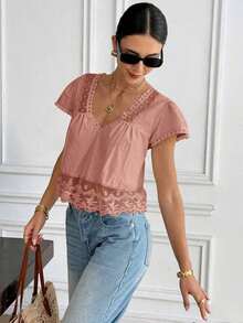 Blusa suelta de unicolor con contraste de encaje y lazo en la espalda para mujer - Rosa - Ver 5