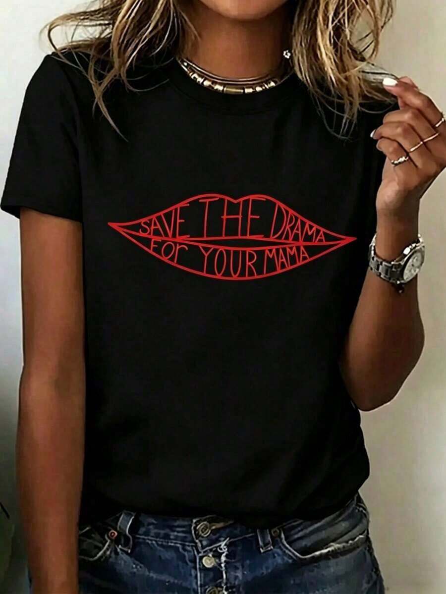 Camiseta de manga corta con estampado "Save Drama Your Mama" 2026 LC, cuello redondo, para uso diario casual, camiseta retro, unisex, tallas grandes, sudadera, ropa para mujer, tops, tops de mujer, primavera, tops de verano para mujer, ropa de primavera, conjuntos de vacaciones, conjuntos de verano, camisetas gráficas para mujer, tops de verano, ropa casual. - Negro - Ver 1