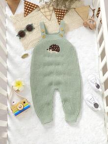 1pc Korean Ins Style Infant Knitted Bib Jumpsuit, Cute Hedgehog Embroidery Pattern, Unisex Baby Simple Versatile Knitted - Green - View 13
