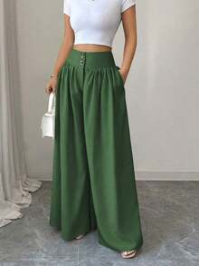 Nuevos pantalones anchos de mujer de estilo casual y elegante con diseño de hebilla floral, pantalones largos de lino de color caqui adecuados para primavera/verano, Acción de Gracias, Halloween, pantalones anchos y sueltos versátiles, pantalones - Verde - Ver 4