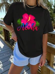 Women's Hawaiian Hibiscus Print Short Sleeve T-Shirt, Round Neck, Stylish, Comfortable, Soft And Breathable, 4 Seasons, Versatile For Summer, Vacation, Commuting And Everyday Use - 黑色 - 查看 6