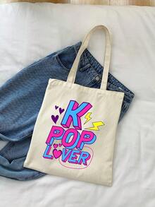 K-POP 帆布托特包，印有「K-POP Lover」與酷女孩偶像圖案，大容量肩背手提包，手繪插畫肩背包，粉絲周邊禮物，通勤購物袋，可摺疊大容量休閒購物袋，適合旅行、演唱會、粉絲活動、派對、日常使用，理想的生日禮物、偶像周邊禮物、節日禮物、演唱會禮物 - 彩色 - 查看 3