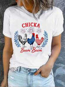 1 camiseta de mujer, blanca, con un diseño patriótico de gallo y gallina, con la bandera estadounidense y diseño de fuegos artificiales, 180g, 100% algodón. - Blanco - Ver 6
