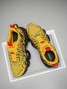 Men's Spring/Summer New Design Flame Pattern Print Outdoor Running Shoes, Personalized Mesh Breathable Comfortable Daily Sports Sneakers - Yellow - View 7