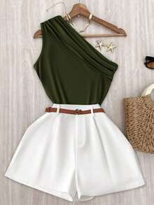 Set de 2 piezas con top de un solo hombro y shorts de unicolor casual de vacaciones para mujer - Multicolor 2 - Ver 1