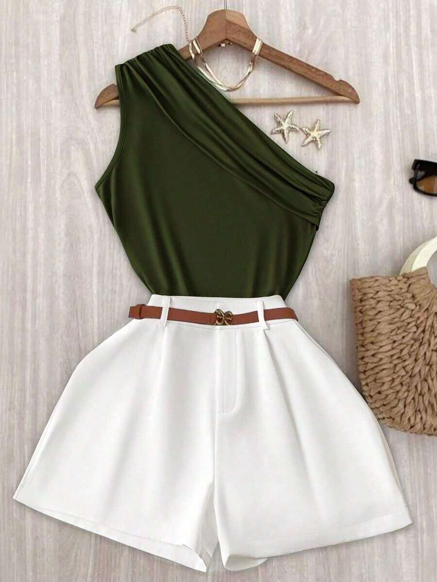 Set de 2 piezas con top de un solo hombro y shorts de unicolor casual de vacaciones para mujer - Multicolor 2 - Ver 1