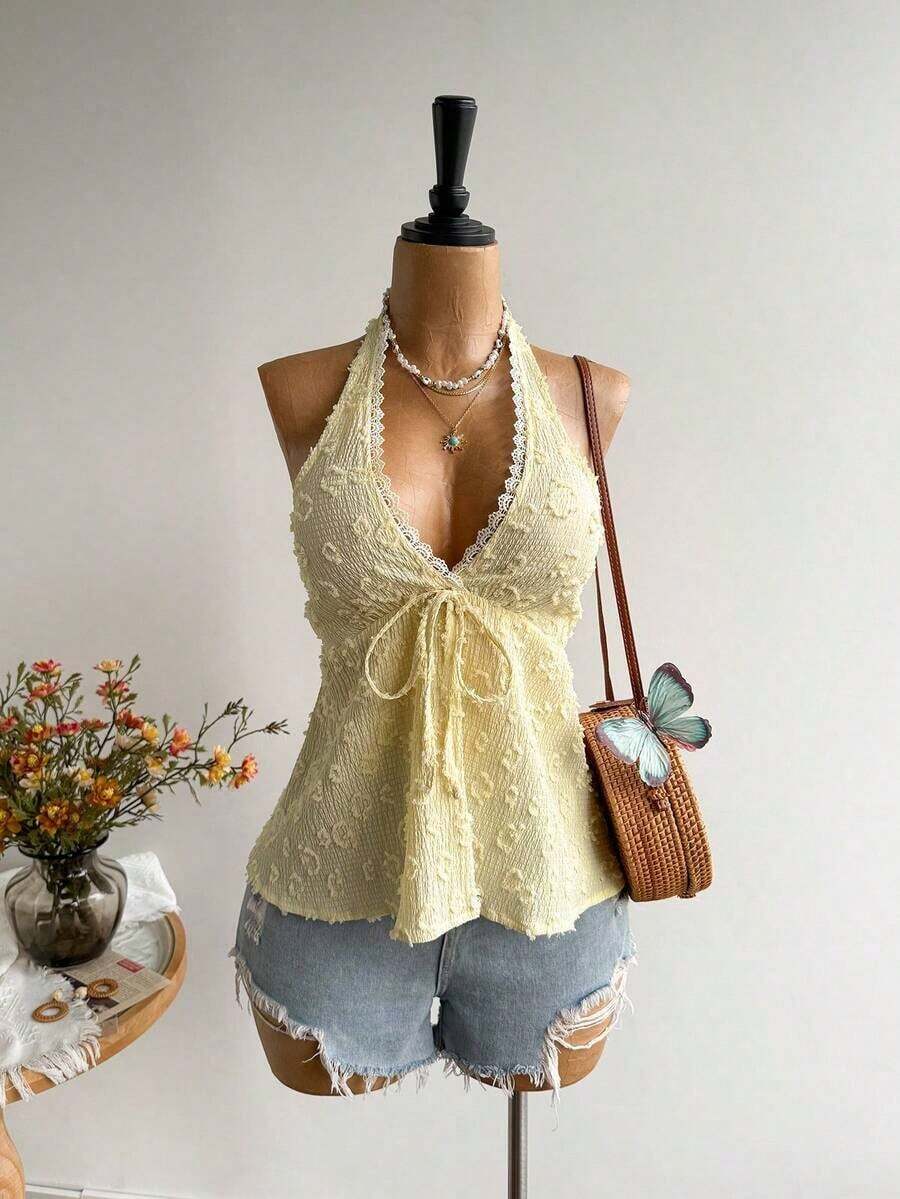 Conjunto de Playa Casual sin Espalda para Mujer, Estilo Bohemio, para Vacaciones, Festival de Música Hawaiana, Vacaciones Tropicales, Top Halter de Verano - Albaricoque - Ver 1