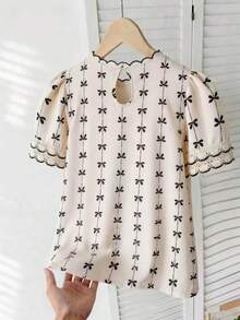 Atasan Kasual Lengan Pendek Gaya Bohemian Elegan Bermotif Tenun untuk Anak Perempuan, Dilengkapi Hiasan Ruffle Ganda dan Sambungan Renda Kontras, Cocok untuk Musim Semi/Panas, Pakaian Kasual Sehari-hari dan Liburan - Aprikot - View 2