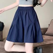 Pantalones cortos de verano de cintura alta de seda helada, finos, de pierna ancha, para mujer, holgados, informales, tallas ... - Azul marino de seda fría con bolsillos y que no hace bolitas. - Ver 4