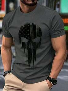 Men's Casual Crew Neck T-Shirt, Made Of Polyester Knit Fabric With A Slight Stretch, Regular Fit, Decorated With 3D Skull Print And Patriotic Stripes On The Shoulders, A Novelty Graphic T-Shirt. - 深灰色 - 查看 1