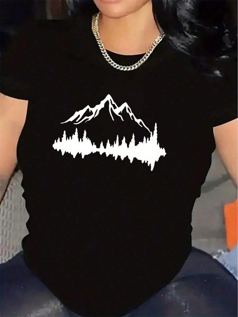 100% Cotton Short-Sleeved T-Shirt With Mountain Landscape Print, Casual And Modern Style, Made Of Durable, Lightweight And Comfortable Polyester Fiber, Suitable For Outdoor Activities, Ideal For Hiking, Camping Or Casual Use At Home And Restaurants, Comfortable And Loose. - 黑色 - 查看 1