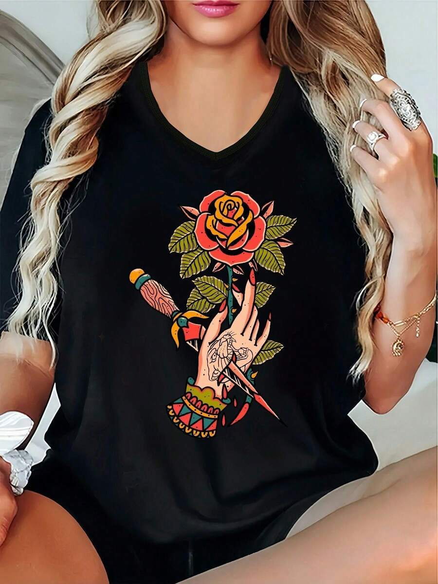 Talla Grande - Talla Grande - Camiseta Nueva 2025 con Cuello en V y Diseño Estampado Versátil, Mangas Cortas, Hecha de Tela Microelástica Lax, Estampado Moderno Estilo INS - Negro - Ver 1