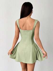 Vestido rojo sólido, mini, con cuello cuadrado sexy y elegante, cintura de gota para fiesta y citas - verde menta - Ver 2