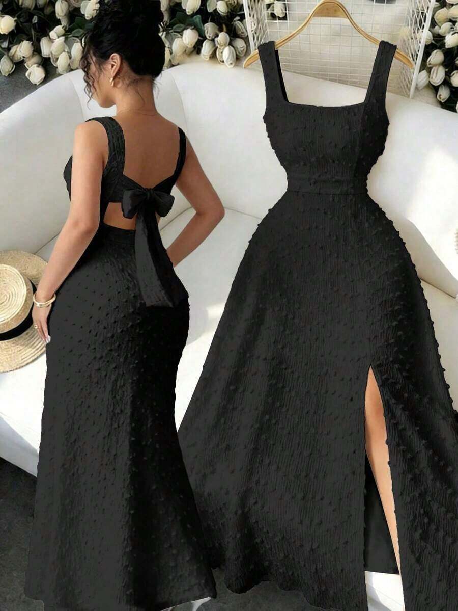 de punto texturizado sin mangas con cuello cuadrado, diseño de lazo en la espalda abierta, elegante vestido ajustado para fiesta - Negro - Ver 1