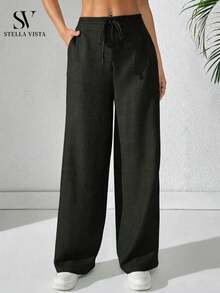 Women's Linen Palazzo Pants, Adjustable Waist With Drawstring, Side Pockets, Casual And Breathable For Vacations - 黑色 - 查看 6