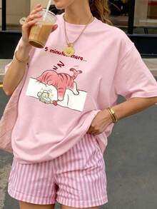 Plus Size "Cat Nap" English Letter Print Loose Short Sleeve T-Shirt + Striped Shorts Set, Minimalist Holiday Clothing. Pink Elegant Summer - Pink - View 3