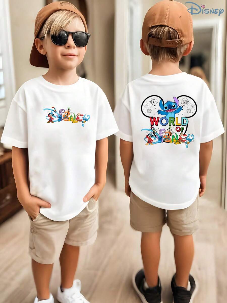 Boys' Disney Lilo & Stitch "World Of Disney" Graphic T-Shirt, Kids Magic Kingdom Inspired Tee, Soft Breathable Casual Top For Boys, Ideal For Everyday Wear, Playground, School, Theme Parks, Vacation & Outdoor Activities - 白色 - 查看 1