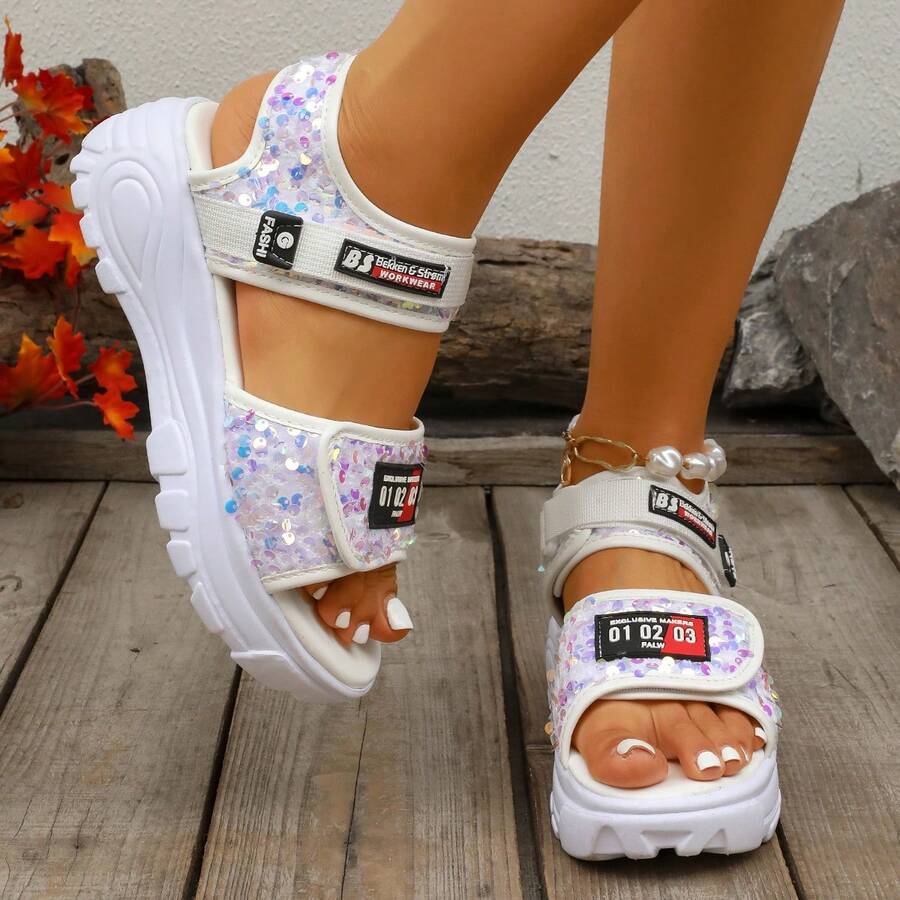 Summer New Sequin Patchwork Platform Sandals, Hook And Loop Thick Sole, Street-Style Open Toe Wedge Sandals, Available In Black And White - White - View 1