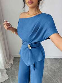 Elenzya Elegante conjunto de dos piezas de moda urbana para mujer, ideal para primavera/verano, con pantalones anchos de cintura alta con hebilla metálica asimétrica de un hombro en color azul marino, adecuado para uso diario, bodas, galas, ir al trabajo, fiestas de graduación, vacaciones, citas, fiestas, Halloween, Navidad, Año Nuevo, Acción de Gracias, bodas - Azul lavado medio - Ver 6