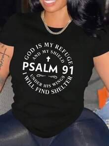 Camiseta Elegante con Diseño Inspirado en la Fe - Top de Manga Corta Suave y Cómodo con Estampado del Salmo 91 - Ropa Casual para Mujer para la Expresión Diaria de la Fe - Negro - Ver 5