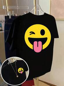Smiling And Playful Face Print T-Shirt, Short Sleeve, Crew Neck, Casual Top For Spring And Summer, Women's Summer Clothing. - Black - View 1