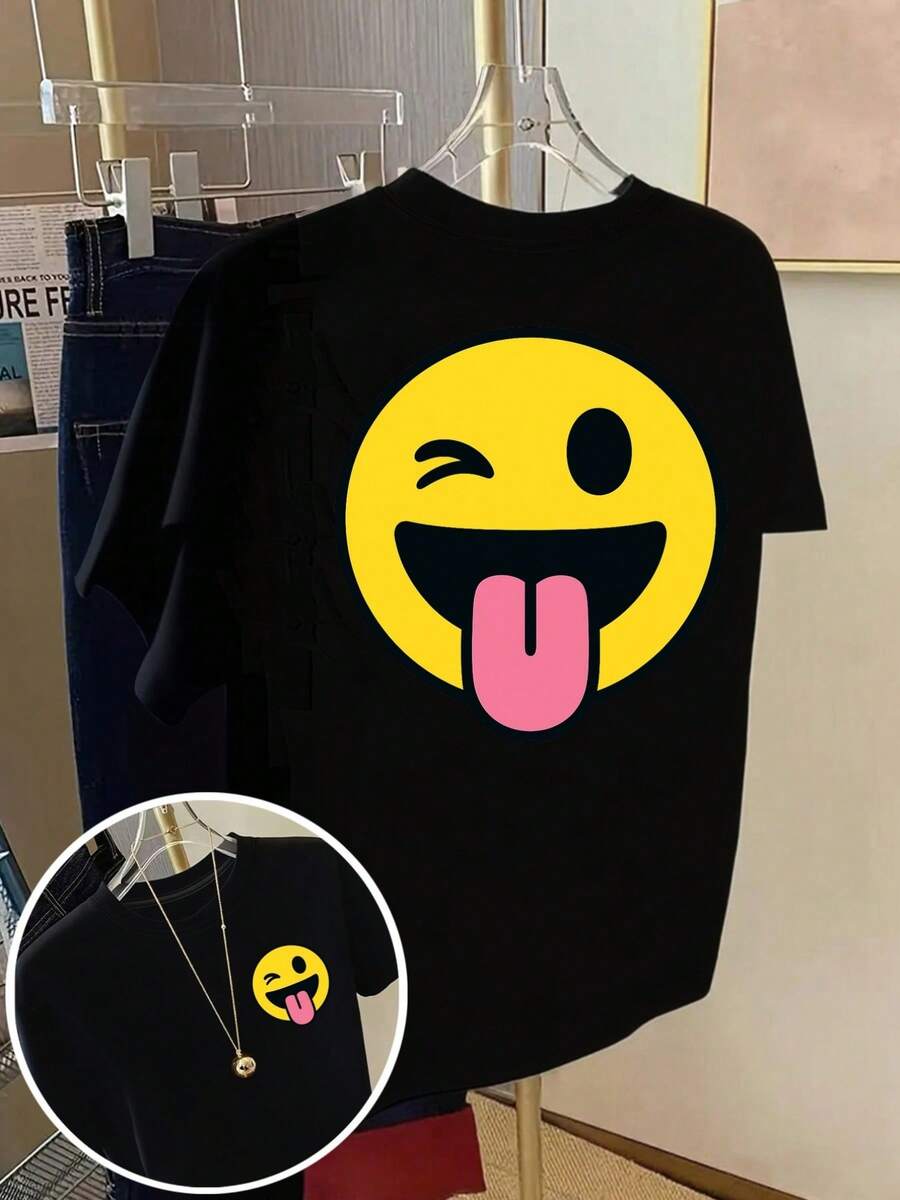 Smiling And Playful Face Print T-Shirt, Short Sleeve, Crew Neck, Casual Top For Spring And Summer, Women's Summer Clothing. - Black - View 1