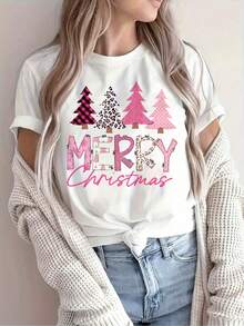 Women's Christmas Graphic T-Shirt - "Merry Christmas" Lettering With Plaid, Leopard, And Tartan Tree Designs - Breathable Casual Crew Neck Top - Machine Washable Clothing For Christmas Gifts, Christmas T-Shirts, Seasonal Clothing, Festive Design, Soft Material, Holiday Wear, Festive Garments - 白色 - 查看 1