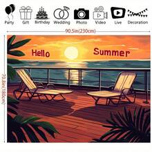 Banner 2D phẳng, khổ lớn 2D chủ đề Hoàng hôn mùa hè trên du thuyền và Tiệc bãi biển nhiệt đới, kích thước 70x90 inch (179x229cm), phông nền boong tàu với lá cọ. - 11 - Xem 5