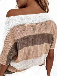 Brown & White Gradient Striped Hollow Knit Top, Loose Asymmetrical Shoulder Batwing Sleeve Design, Slouchy Breathable Casual Top - Multicolor - View 5