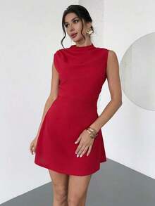 mini fruncido de línea A elegante, sencillo, exquisito, romántico y dulce para uso diario, boda, fiesta musical, vacaciones.Top rojo sin tirantes. - Rojo - Ver 4