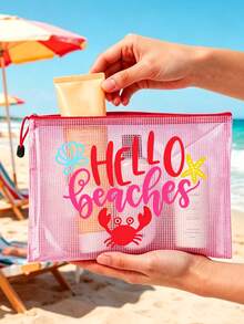 Multi Color Waterproof Fashionable Mesh Beach Bag, Colorful "Beach" Printed Makeup Bag, Crab, Shell Pattern Beach Theme. Large Capacity Transparent Makeup Bag, Nylon Zipper Wash Bag - Lightweight, Can Store Sunscreen, Snacks, Bikinis, And Beach Essentials. Spring And Summer Storage, Durable, Very Suitable For Swimming - Multicolor - View 1