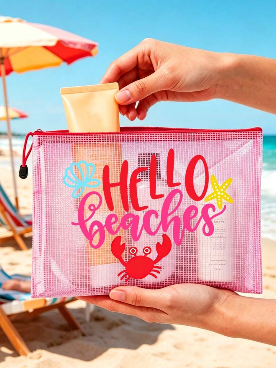 Multi Color Waterproof Fashionable Mesh Beach Bag, Colorful "Beach" Printed Makeup Bag, Crab, Shell Pattern Beach Theme. Large Capacity Transparent Makeup Bag, Nylon Zipper Wash Bag - Lightweight, Can Store Sunscreen, Snacks, Bikinis, And Beach Essentials. Spring And Summer Storage, Durable, Very Suitable For Swimming - Multicolor - View 1