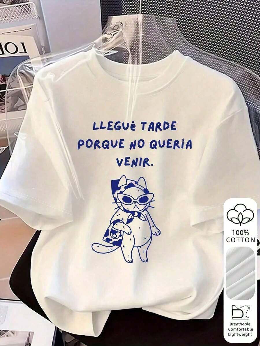 Camiseta de manga corta para mujer con estampado de gato divertido y frase en español, diseño holgado de cuello redondo, tela 100% algodón transpirable, estilo casual coreano, adecuada para el campus, cafeterías, ir de compras con amigos, top personalizado lindo e interesante, blanca de verano. - Blanco - Ver 1
