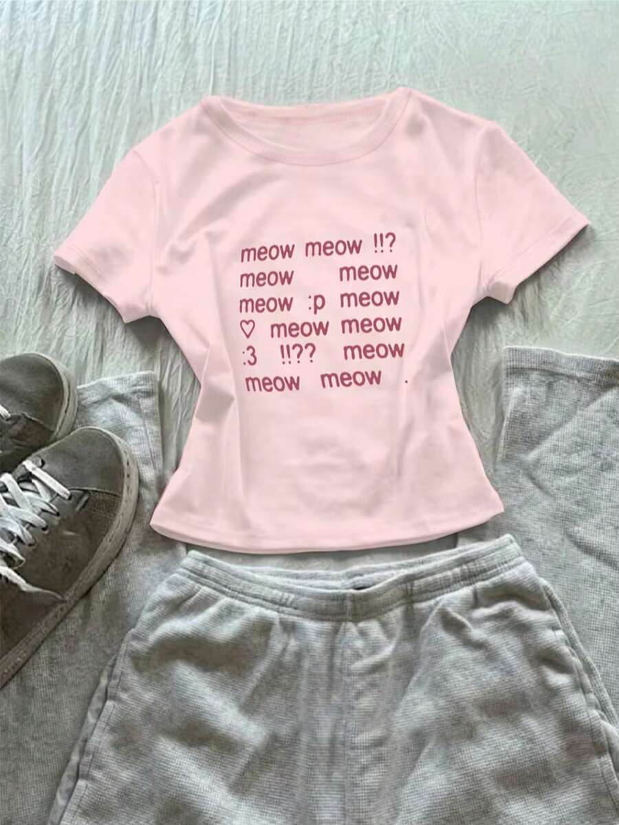 Áo thun nữ thoải mái, in họa tiết lãng mạn, cổ tròn, tay ngắn, trang phục gợi cảm cho mùa hè, phù hợp mặc hàng ngày và hẹn hò. - Hồng - Xem 1