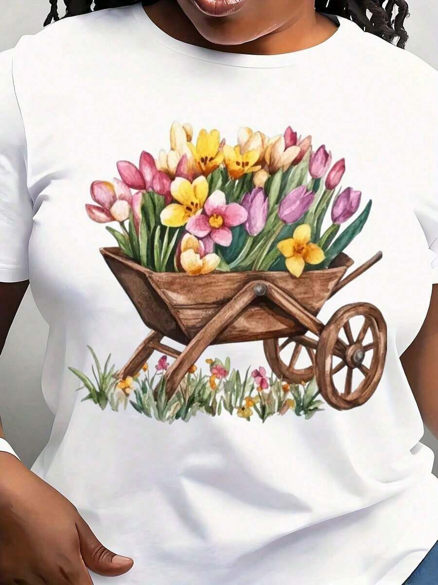 White 100% Cotton T-Shirt With Watercolor Tulip Print On Wheelbarrow, Casual Short Sleeve T-Shirt For Women, Gardening And Nature Style Streetwear, Soft Breathable Top For Daily Wear And Outings, Plus Size Available - 白色 - 查看 1