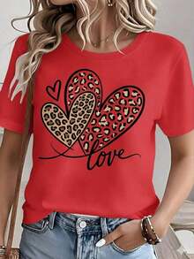 Women's White T-Shirt With Three Leopard Hearts, Short Sleeve T-Shirt With "Love" Slogan, Chic Animal Print Modern Top, Casual Urban Fashion Blouse For Everyday Wear - 灰色 - 查看 5