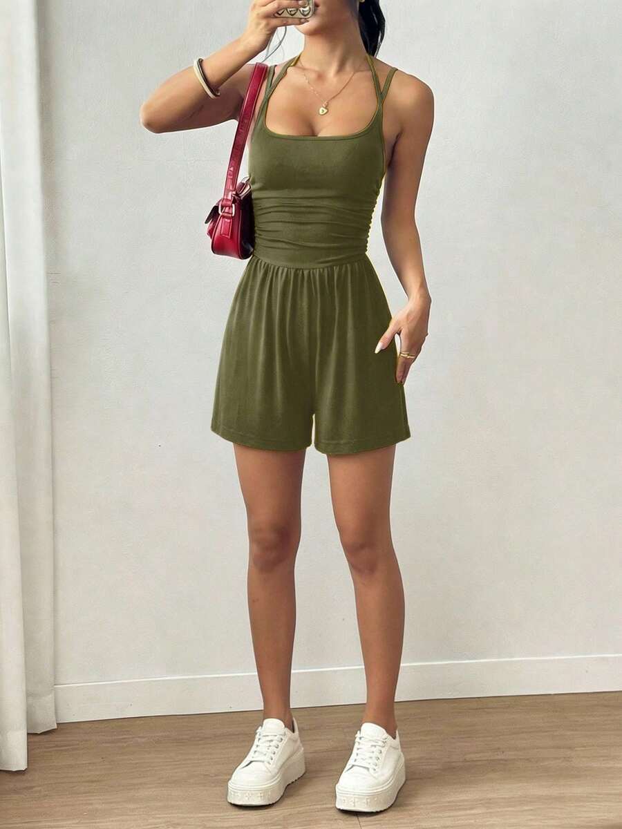 Double Strap Square Neck Romper, Ruched Waist Flowy Short Jumpsuit, Casual Summer Playsuit For Women - Army Green - View 1