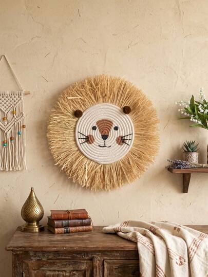 1 Tấm tranh treo tường hình động vật hoạt hình đan thủ công bằng mây, phong cách Boho, hình tròn, trang trí nghệ thuật bằng sợi raffia dễ thương cho phòng ngủ trẻ em, phòng khách, phòng trẻ sơ sinh, trang trí nhà cửa.