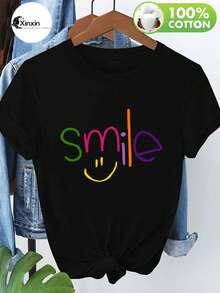 1 Camiseta de mujer pura 100% cómoda, diseño de letras sonrientes colorido y moderno, estampado de patrón, cómoda, suave y transpirable, top casual de verano, lavable a máquina, ideal para uso diario en interiores y exteriores, Conjunto Diario,Ropa de Interior,Impresión Sonriente,Camiseta Elegante - Negro - Ver 2