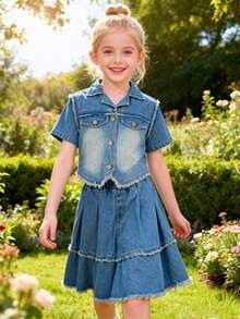Conjunto de chaqueta vaquera casual con flecos para niñas preadolescentes, de verano - Celeste - Ver 1