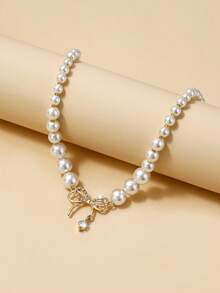 1 Stück elegante Schleife & Strass Dekor Perlen Choker Halskette, süß & zierlich Schmuck für Frauen, perfekt für Hochzeit, Party & Alltag - Beige - Übersicht 3