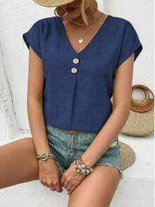 Women's Summer Casual Versatile Button Detail V-Neck Batwing Sleeve Blouse - Blue - View 4