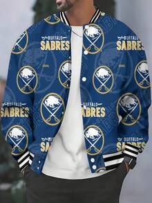 Buffalo Sabres Logo Men's Bomber Jacket, Casual Stand Collar Button Down Long Sleeve Streetwear Coat, Loose Fit Baseball Jacket - Màu hỗn hợp - Xem 2