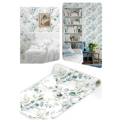 Bohemian Style Blue & Green Eucalyptus Leaf Peel And Stick Wallpaper, Removable Floral Plant Wall Decor, Waterproof And Durable Contact Paper, Random Size 45cm X 100/300/500cm, Suitable For Home Decoration In Living Room, Dining Room, Bedroom