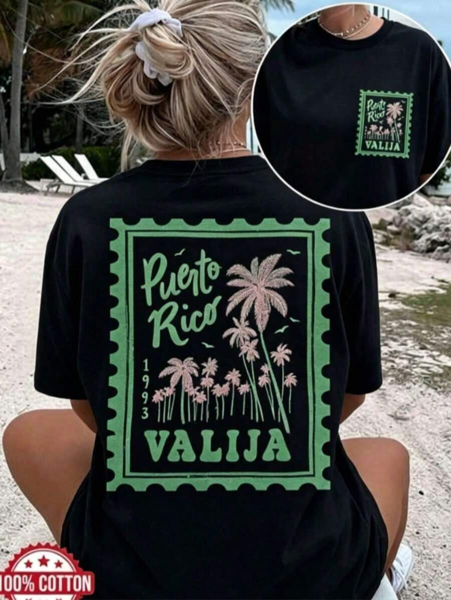 [Entrega Local]Playera Para Mujer [Entrega Local]Playera Para Mujer Camiseta Ajustada de Cuello Redondo para Mujer [Estampado a Doble Cara]Top Casual de Verano para Mujer Estilo Vintage con Estampado de Palma y Pájaro VALIJA Camiseta de Manga Corta con Cuello Redondo de Algodón Puro de Talla Grande con Hombros Caídos [LangK]2026,,,,,,-Adecuada para Uso Diario, Vacaciones, Fiestas - Negro - Ver 1
