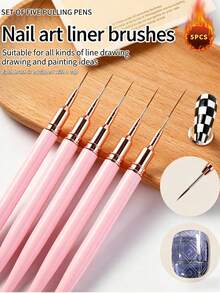 5pcs Nail Art Liner Brush Set, Fine Line Striping Nail Brushes, UV Gel Painting Pens, Nail Design Brushes For Detailed Lines, Complex Patterns And Exquisite Nail Art, Suitable For Beginners, Nail Salons, DIY Home Use, Ideal For French Manicure - Baby Pink - View 2