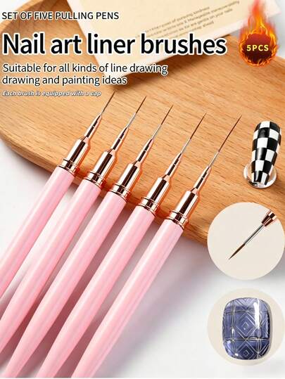 5pcs Nail Art Liner Brush Set, Fine Line Striping Nail Brushes, UV Gel Painting Pens, Nail Design Brushes For Detailed Lines, Complex Patterns And Exquisite Nail Art, Suitable For Beginners, Nail Salons, DIY Home Use, Ideal For French Manicure